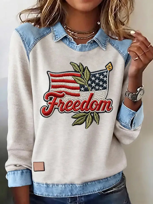 Women’s ’Freedom Isn’t Free’ American flag print casual long-sleeved top A / S