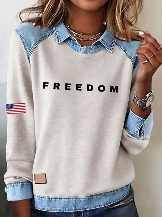 Women’s ’Freedom Isn’t Free’ American flag print casual long-sleeved top A / S