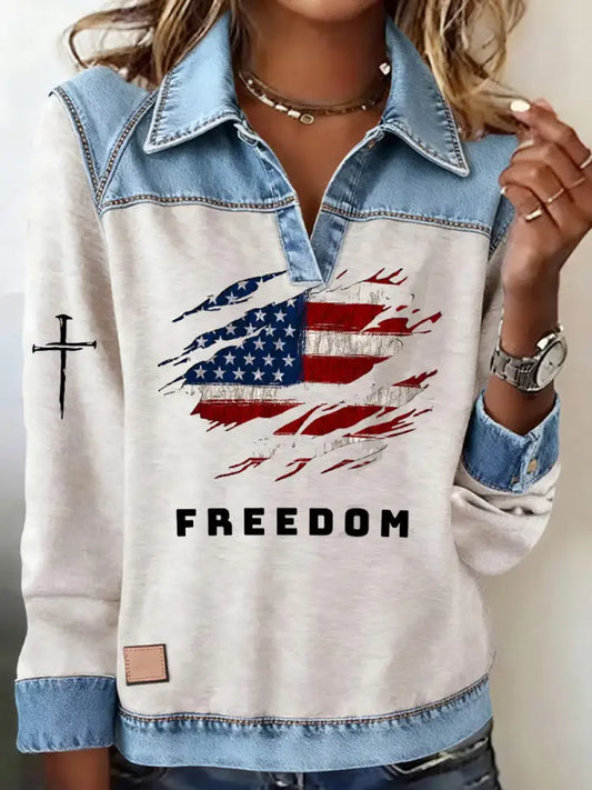 Women’s ’Freedom Isn’t Free’ American flag print casual long-sleeved top A / S