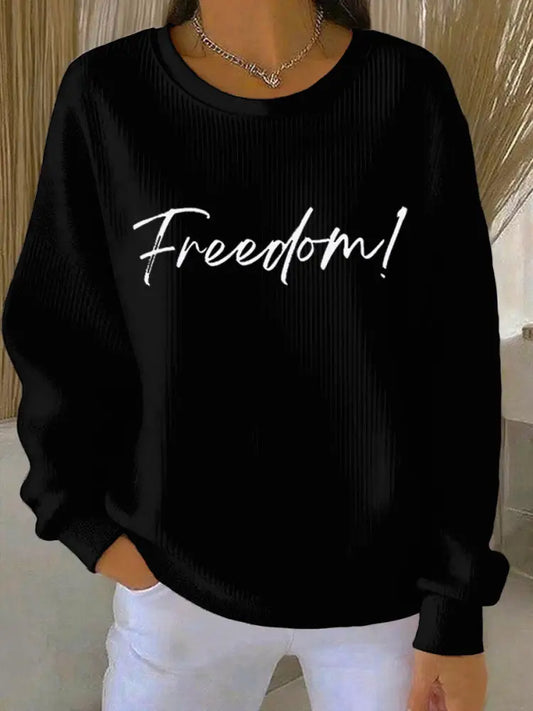 Women’s Freedom Print Ribbed Round-Neck Sweatshirt Black / S