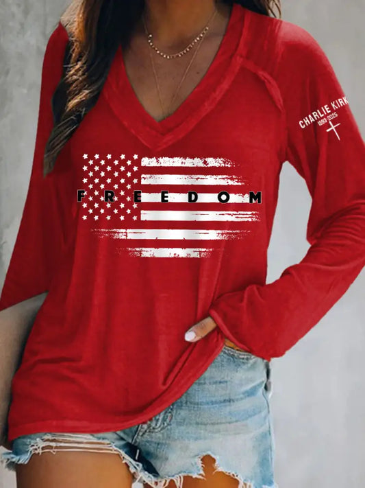 Women’s Freedom USA Flag Print Long-Sleeve T-Shirt Red / S