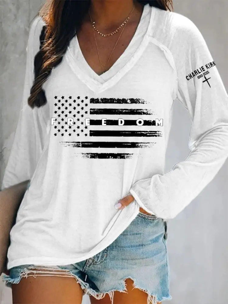 Women’s Freedom USA Flag Print Long-Sleeve T-Shirt White / S
