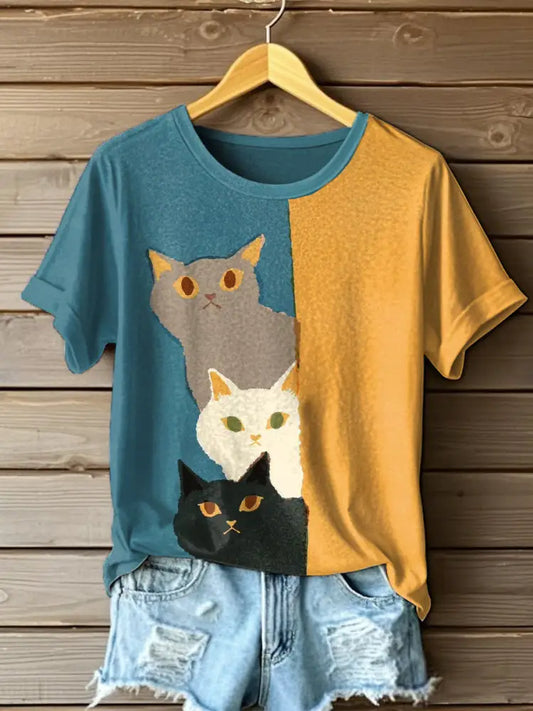 Womens Funny Cat Art Print T-Shirt As picture / S