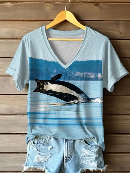Women’s Funny Cat Print Casual T-Shirt As picture / S