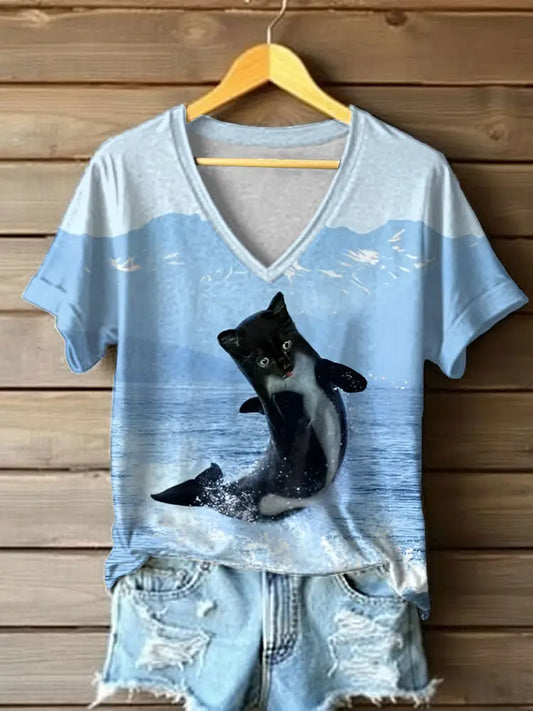 Women’s Funny Cat Print Casual T-Shirt As picture / S