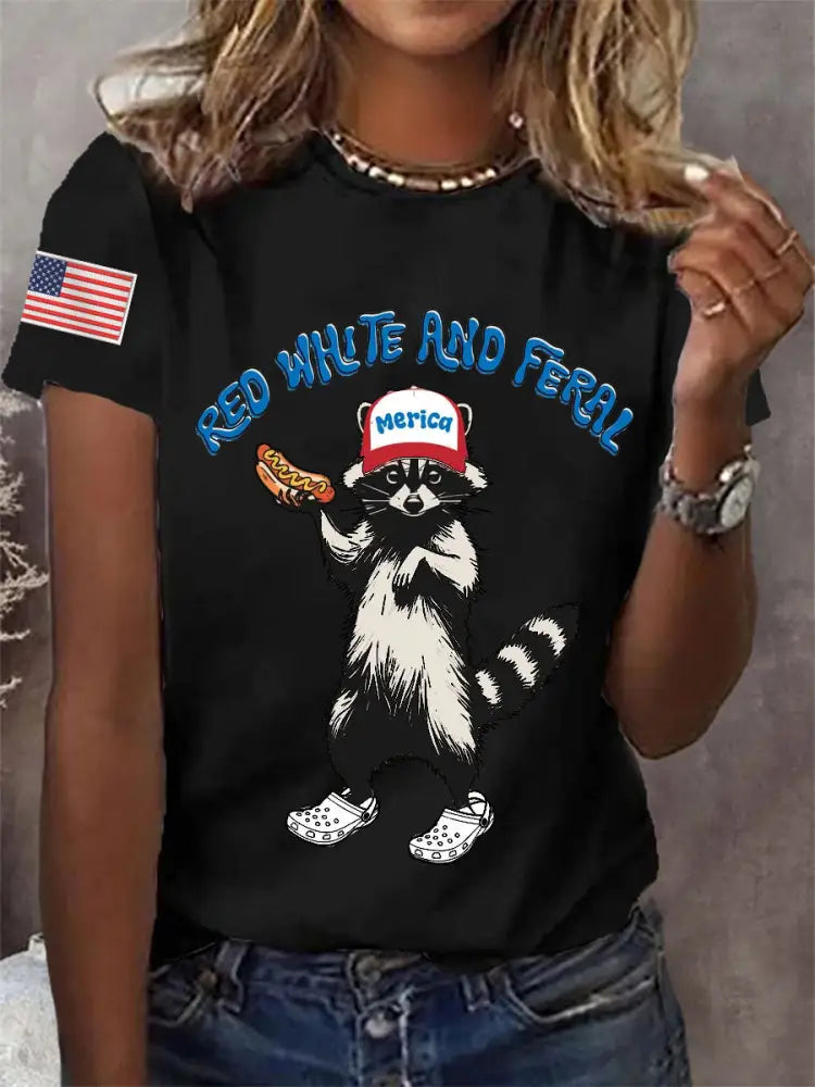 Women’s Funny Raccoon Red White And Feral Print Independence Day Casual Tee Black / S