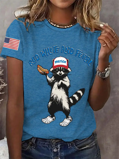 Women’s Funny Raccoon Red White And Feral Print Independence Day Casual Tee Blue / S