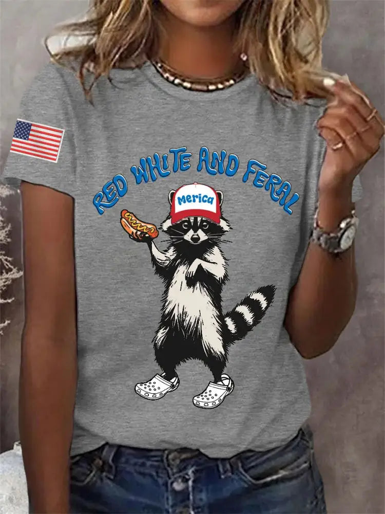 Women’s Funny Raccoon Red White And Feral Print Independence Day Casual Tee Light Gray / S