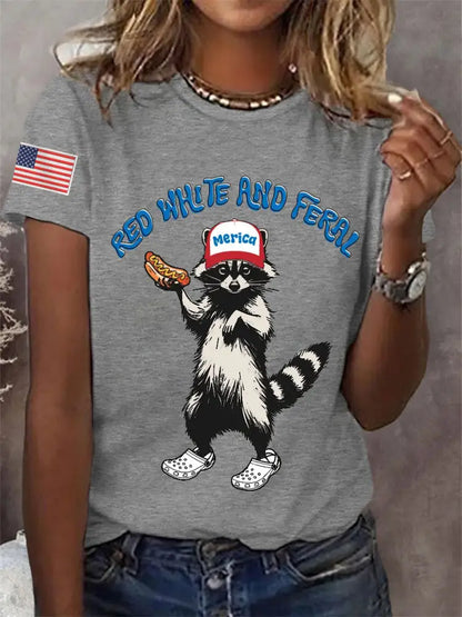 Women’s Funny Raccoon Red White And Feral Print Independence Day Casual Tee Light Gray / S