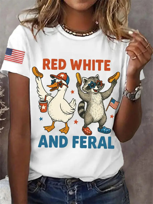 Women’s Funny Raccoon Red White And Feral Print Independence Day Casual Tee White / S