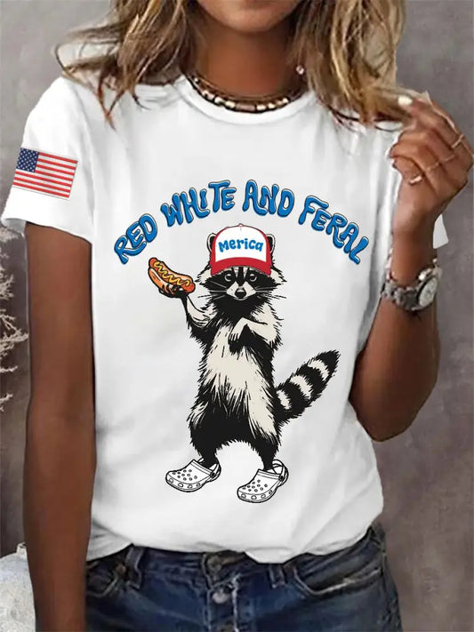 Women’s Funny Raccoon Red White And Feral Print Independence Day Casual Tee White / S