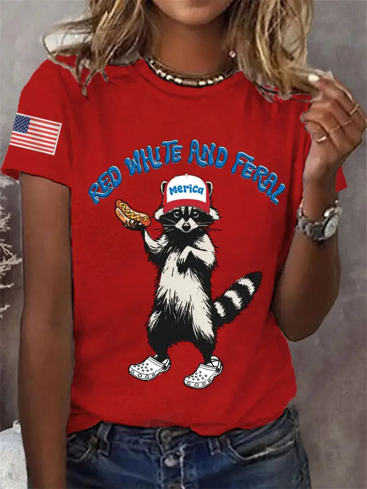 Women’s Funny Raccoon Red White And Feral Print Independence Day Casual Tee Red / S