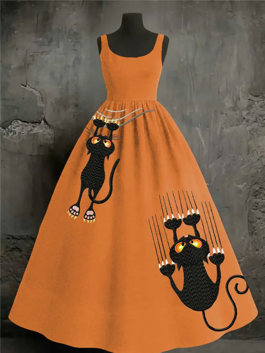 Women’s Halloween Cat Print Dress Orange / S