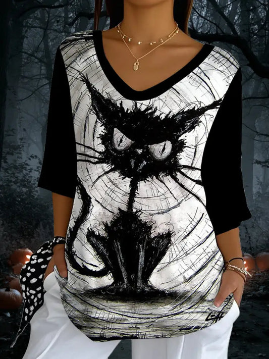Women’s Halloween Cat Print Top As picture / S