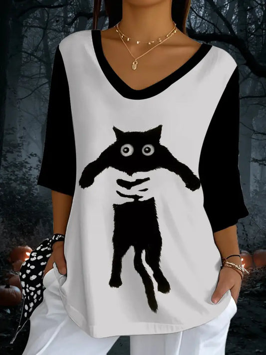 Women’s Halloween Cat Print Top As picture / S