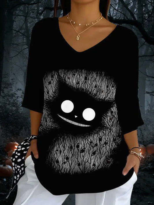 Women’s Halloween Cat Print Top Black / S