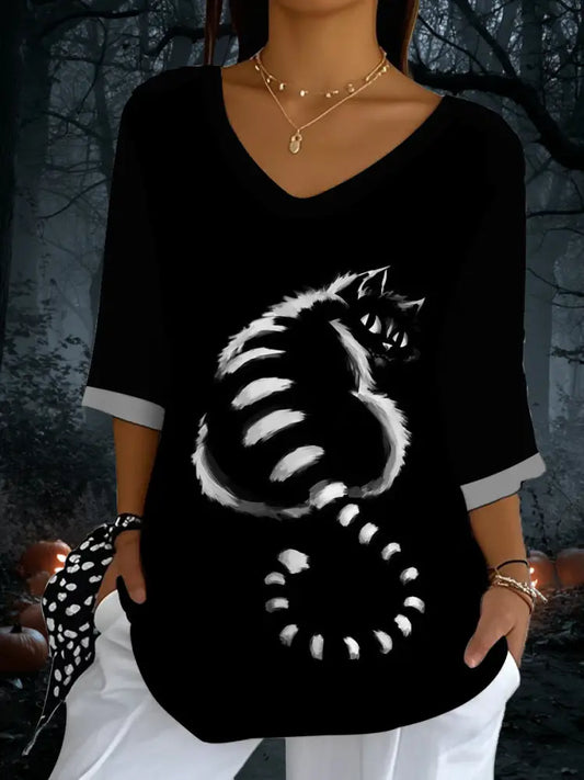 Women’s Halloween Cat Print Top Black / S