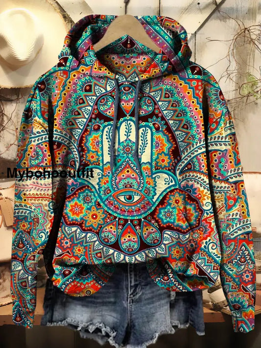 Women’s Hamsa Hand Art Patterns Print Casual Hooded Sweatshirt Multicolor / S