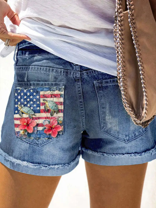 Women’s Hawaiian Turtle Hibiscus Denim Shorts Blue / S