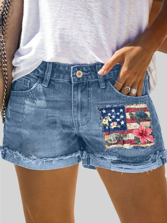 Women’s Hawaiian Turtle Hibiscus Denim Shorts Blue / S