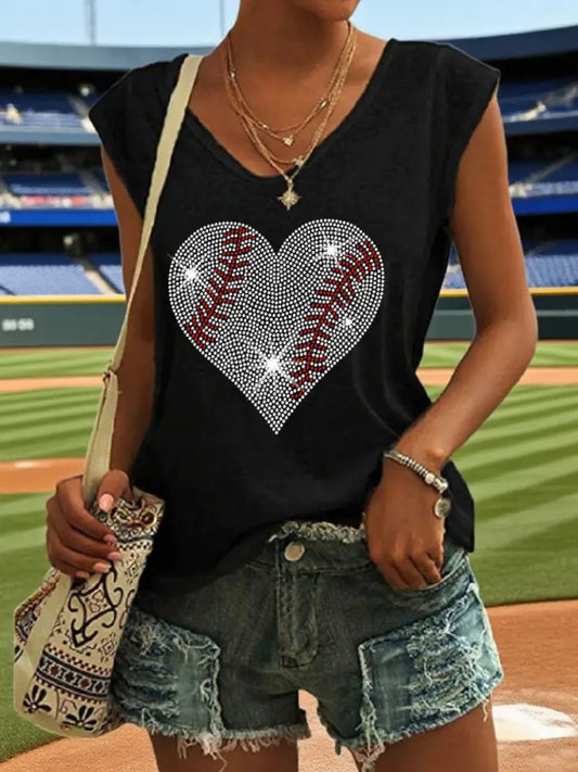 Women’s Heart Baseball Rhinestone Art Tank Top Black / S