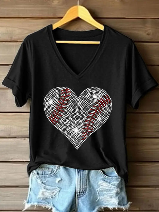 Women’s Heart Baseball Rhinestone Art V-Neck T-Shirt Black / S