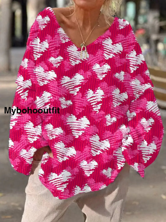 Women’s Heart Shaped Casual Faux Sweater V-Neck Top Fuchsia / S