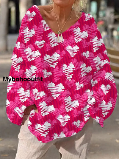 Women’s Heart Shaped Casual Faux Sweater V-Neck Top Fuchsia / S