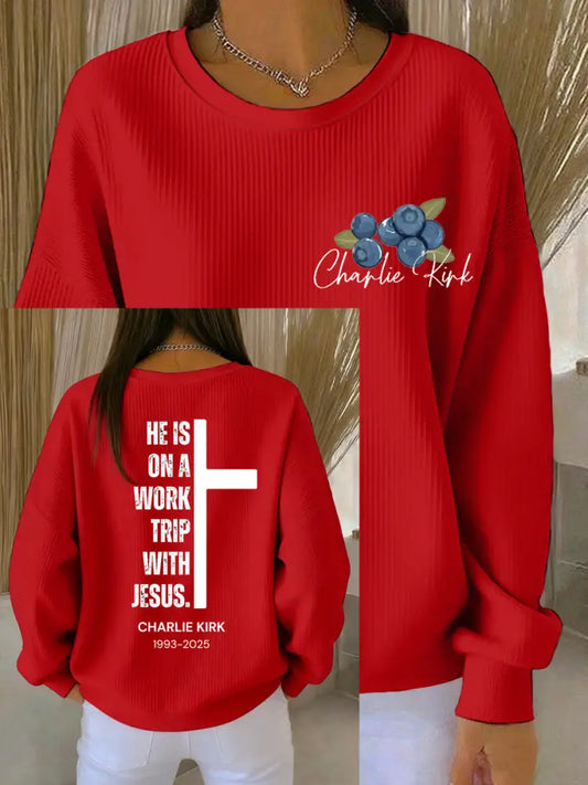 Women’s He’s On A Work Trip With Jesus Sweatshirt Red / S