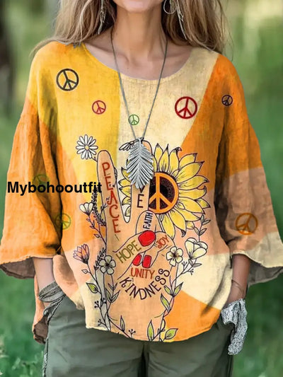 Women’s Hippie Art Print Casual Cotton And Linen Shirt Multicolor / S