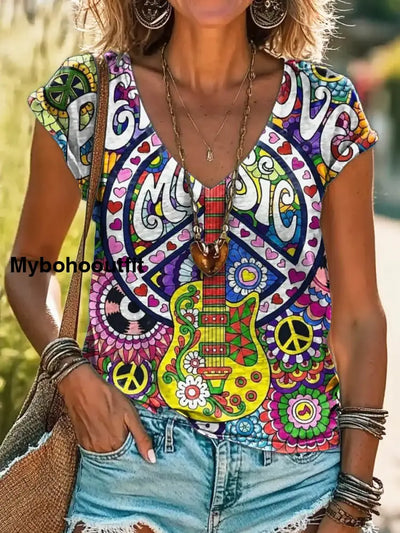 Women’s Hippie Music Art Print 100% Cotton V-Neck T-Shirt Multicolor / S