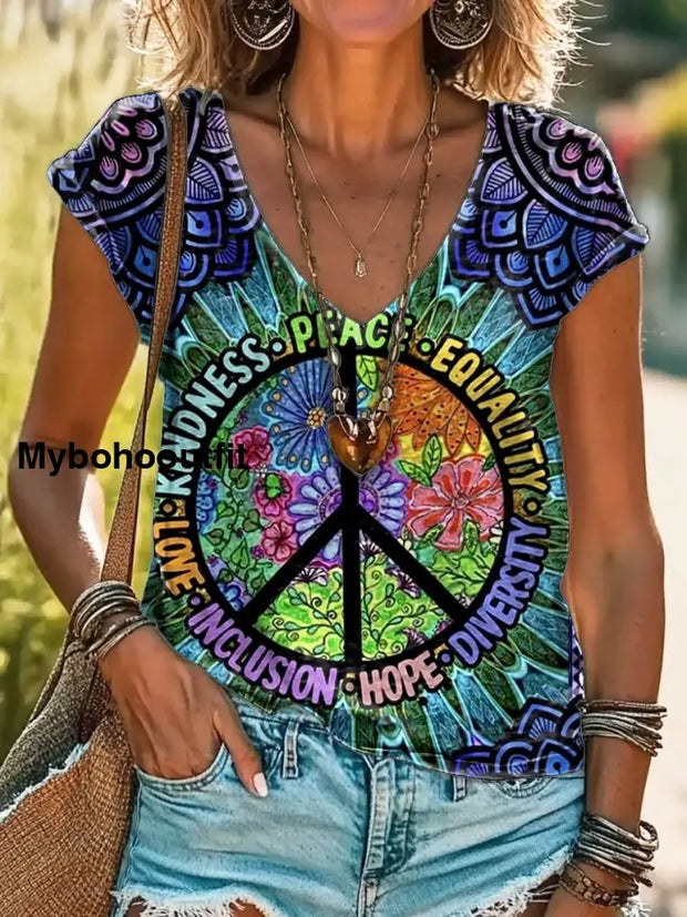 Women’s Hippie Peace Art Print 100% Cotton V-Neck T-Shirt Multicolor / S