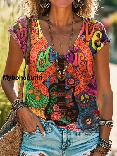 Women’s Hippie Peace Music Art Print 100% Cotton V-Neck T-Shirt Multicolor / S