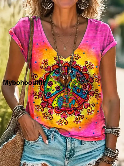 Women’s Hippie Tie Dye Art Print 100% Cotton V-Neck T-Shirt Multicolor / S