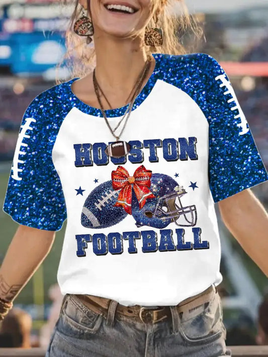Women’s Houston Football Round Neck Short Sleeve T shirt Blue / S