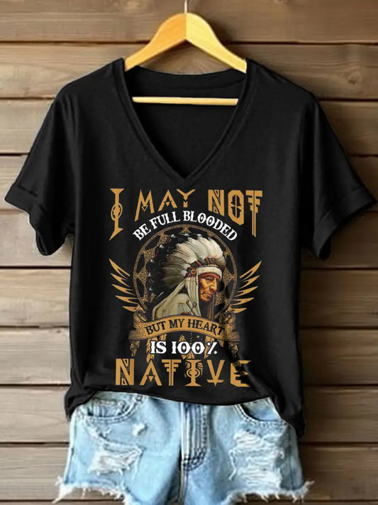 Women’s I May Not Be Full Blooded But My Heart Is 100% Native Print V-Neck T-Shirt Black / S