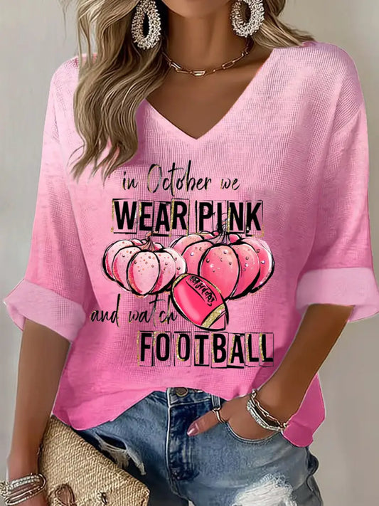 Women’s In October We Wear Pink And Watch Football Breast Cancer Awareness Waffle T shirt Pink / S