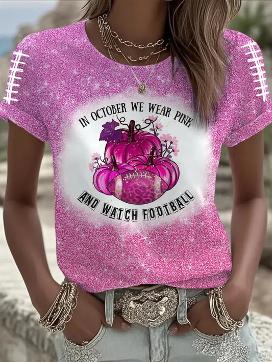 Women’s In October We Wear Pink And Watch Football Short sleeved T shirt Pink / S