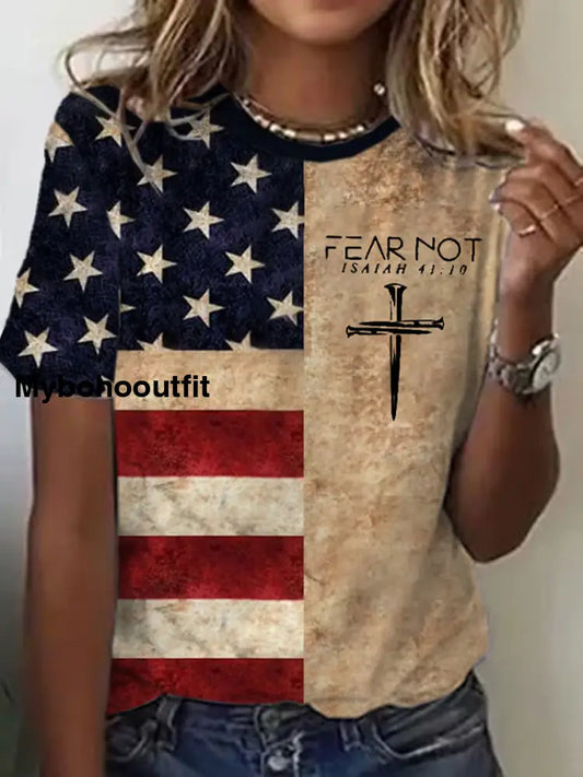 Women’s Independence Day Faith Cross Art Short Sleeve Casual T-shirt A / S