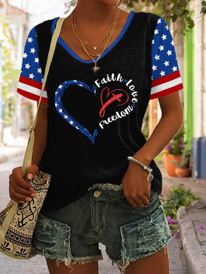 Women’s Independence Day Faith Love Freedom V-neck T-shirt Black / S