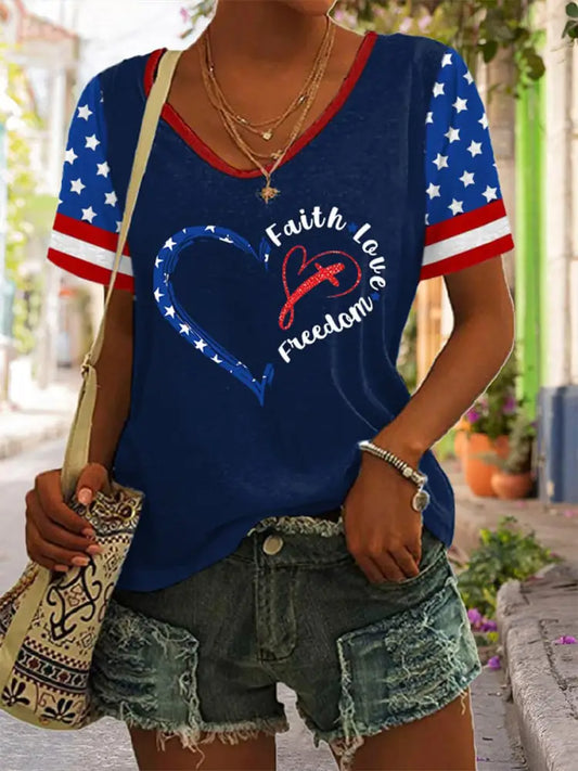 Women’s Independence Day Faith Love Freedom V-neck T-shirt Blue / S