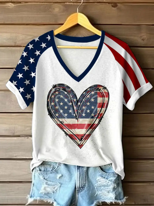 Women’s Independence Day Flag Love V-neck Off-shoulder Short-sleeved T-shirt White / S