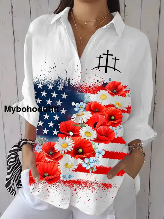 Women’s Independence Day Floral Art Print Casual Shirt A / S