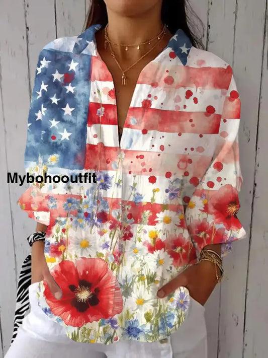 Women’s Independence Day Floral Art Print Casual Shirt A / S