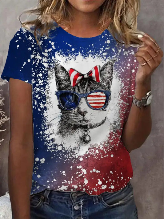 Women’s Independence Day Glasses Cat Short-sleeved T-shirt As picture / S