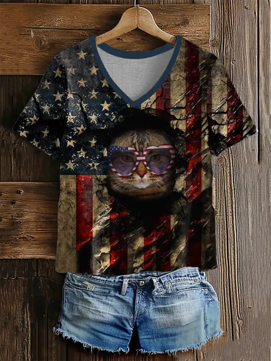 Women’s Independence Day Glasses Cat Short-sleeved T-shirt As picture / S