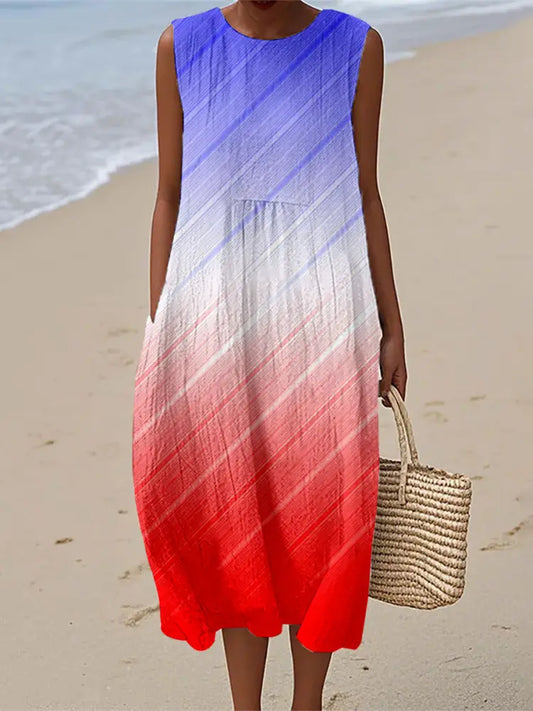 Women’s Independence Day Inspired Contrast Color Linen Dress As picture / S