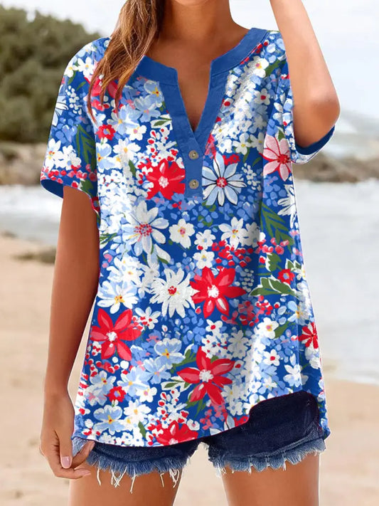 Women’s Independence Day Inspired Floral Print Linen Shirt As picture / S