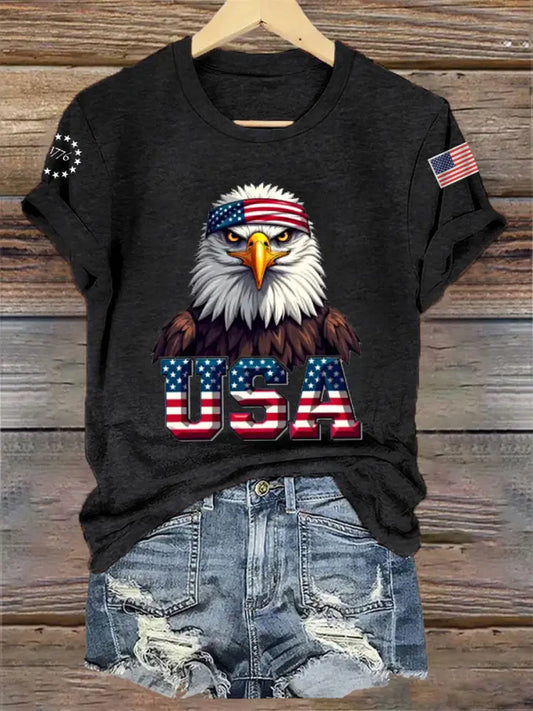 Women’s Independence Day USA Flag Bald Eagle Print Casual Tee Black / S