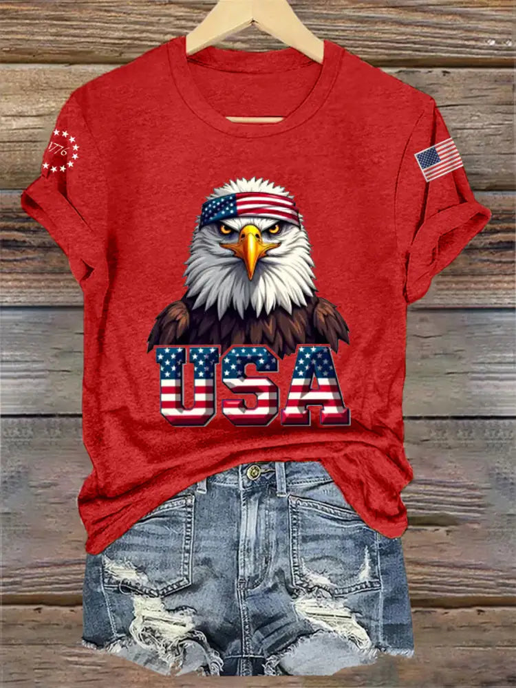 Women’s Independence Day USA Flag Bald Eagle Print Casual Tee Red / S